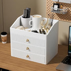 LADSTAG Office Accessories,Begie White Vegan Leather Office Supplies with 3 Drawers & Tray for Desk,Perfume Organizer with Gold-Tone Metal Accents Knob for End Tables,Bedside Table,Bedroom - Image 6