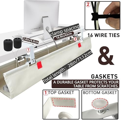 Under Desk Cable Management No Drill – 28" L x 6" W Cord Organizer, Upgraded Silicone Pads (No Scratch), 16 Cable Slots, Washable PE Honeycomb Base, Fits Desks 0–2.1" Thick, Beige - Image 2
