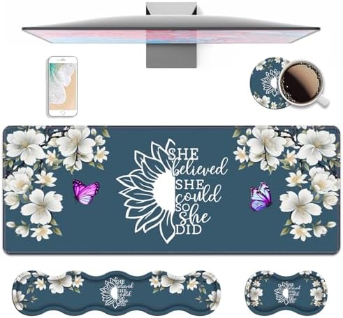 Ergonomic Keyboard Wrist Rest & Mouse Pad Wrist Rest Set, She Believed She Could So She Did Inspirational Quote Large XXL Gaming Desk Mat 31.5"x 11.8" with Non-Slip Base for Home Office Study Gaming by Unknown