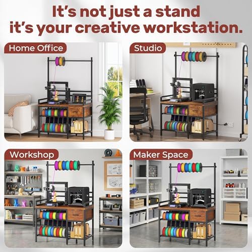 3D Printer Stand with Filament Storage – Tall 66" Heavy Duty Metal 3D Printer Table with Power Hub, Drawer & X-Bracket Stability for Workshop, Studio, Office - Image 3