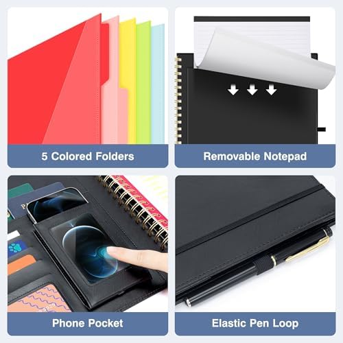 Ospelelf Clipboard with Storage Spiral Clipboard Folio for Letter Size,Organizer Folder with Zipper Pouch and 5 Dividers,Leather Portfolio for Office, School Black - Image 4