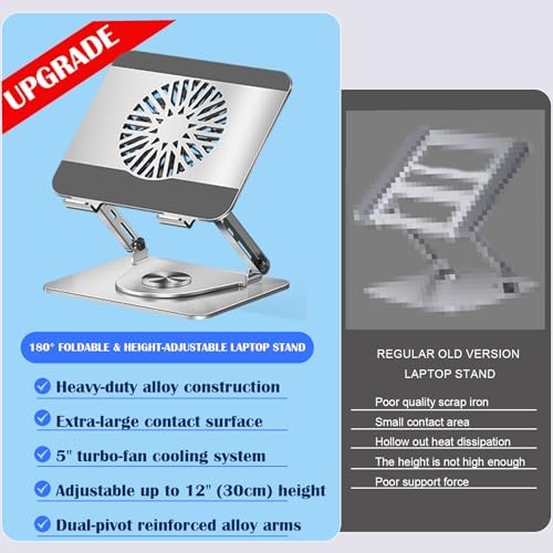 360° Rotating Adjustable Laptop Stand with Cooling Fan, Foldable Dual-Bar Support Height Tilt Angle Cooling Laptop Stand for Desk Pad Laptop Riser Heat Dissipation Stand Fit 10-17.3" Device - Image 5