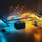 L Shaped Gaming Desk, Reversible with LED Lights, Shelves, Charging, Black - Image 2