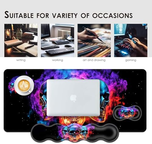 Large Keyboard Mouse Pad Set, Extended Mouse Pad+Keyboard Wrist Rest Support, Memory Foam Ergonomic Easy Typing, 4Pcs (31.5×11.8 in) Desk Pad Set for Office Home,Smoke Skulls - Image 7