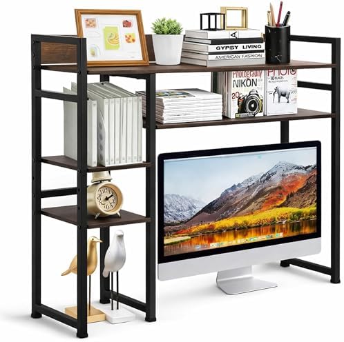 Desk Shelf Storage, 38 Inch, 4-Tier Wood Bookshelf Organizer, Computer Desk Hutch – Dark Brown, Desktop Bookshelf Organizer Shelf for Desk for Dorm Workspace and Home Office Use by ThriveHive