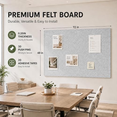 72 x 48 Inch Grey Felt Bulletin Board for Wall, Frameless - Image 2