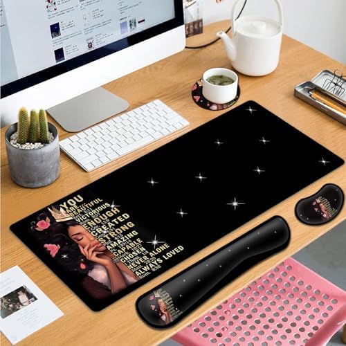 Large Gaming Mouse Pad+ Keyboard Wrist Rest Set, Ergonomics Memory Foam Mouse Mat Wrist Rest Support, Waterproof Extended Mousepad 31.5x11.8in, African American Women Black Girl Desk Pad - Image 7