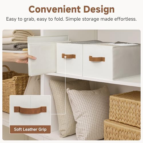 StorageWorks Closet Storage Bins with PU Handles, Beige, Large - Image 4