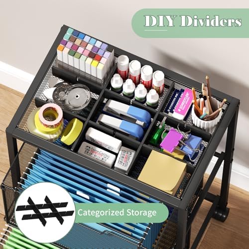Rolling File Cart with 2 Drawers, Under Desk Storage Cabinet with DIY Divider, Letter/Legal Mobile Filling Cabinet on Wheels, Hanging File Folders Organizer, Metal Utility Cart for Home Office, Black - Image 4