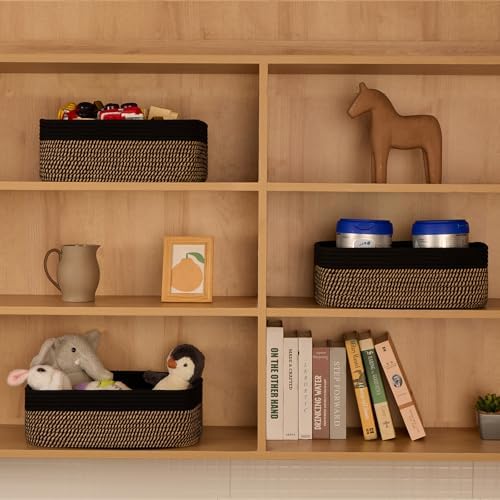 MiniArk Large Shallow Organizing Baskets 15x11x5.1 Inches - Rope Woven Storage Bins for Bathroom, Shelves, Cube Closet, Black Woven Brown 4 Packs - Image 3