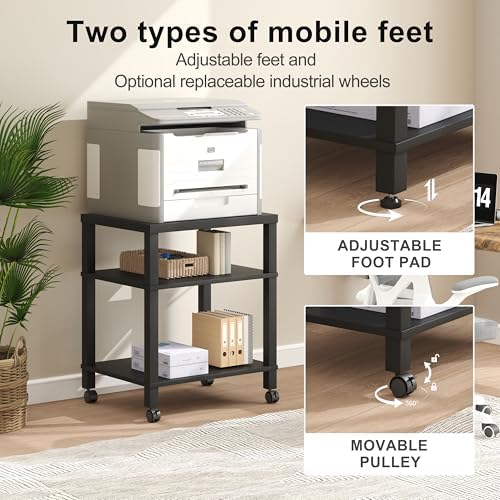 3-Tier Printer Stand with Wheels, Large Under Desk Rolling Cart for Office Storage, Heavy Duty Machine Stand with Adjustable Shelf, 22.04"x17.71"x26.54", Black - Image 5