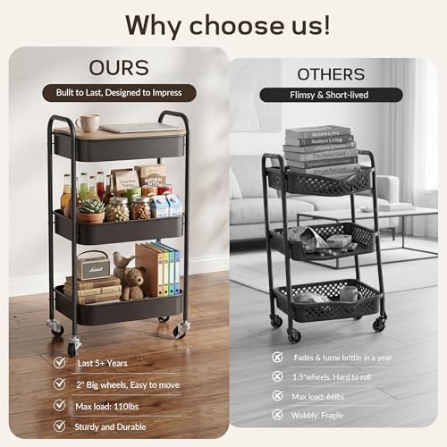 DTK 3 Tier Rolling Cart with Wheels, Heavy Duty Metal Utility Cart, Mobile Storage Organizer with Lockable Casters, Multi-Purpose Rolling Cart for Nursery, Bathroom, Kitchen, Office, Classroom - Image 4