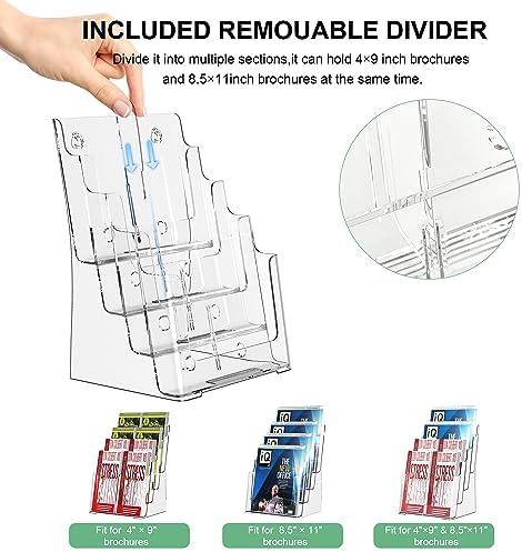 zavekia 4 Tier Acrylic Brochure Holder 8.5 x 11 inch, Clear Literature Organizer Magazine Stand with 4 Pack Separate Removable Divider for 4 x 9 inch Brochures,Magazine Holder,Flyer Holder - Image 3
