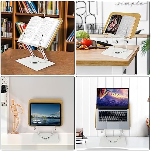 Book Stand for Reading,360°Rotating Base Book Holder for Reading Hands Free,Cookbook Stand,Wooden Panel Aluminium Base Stand for Cookbook,Laptop,Textbook - Image 6