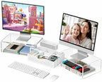 OPNICE Clear Acrylic Desk Organizers and Accessories, Dual Monitor Stand Riser with Drawer and 2 Pen Holders, Desk Shelf Printer Stand for Office Workspace Organizers, Desktop Organization (Transparent) by OPNICE