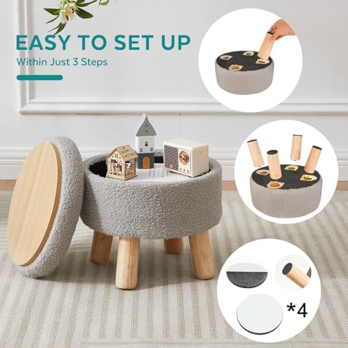 Small Foot Stool Ottoman with Storage, Sherpa Ottoman Foot Rest for Couch, Round Footstool with Storage, Small Ottomans and Footstools for Living Room and Entryway (Light Gray) - Image 4