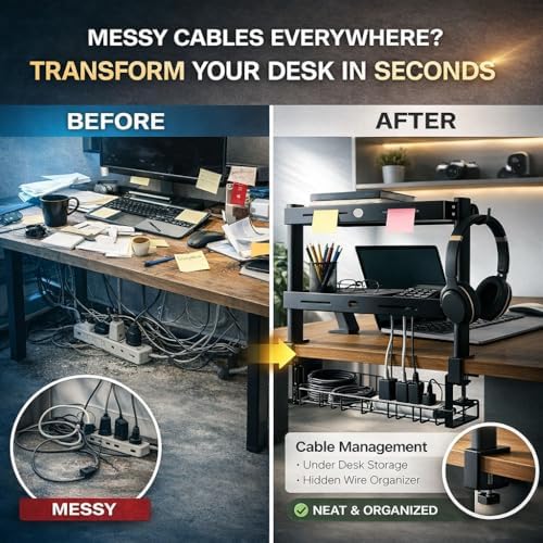 Clamp On Desk Shelves Organizer, Adjustable 2-Tier Desk Storage Rack with Large Trays, Phone Stand & Headphone Hook, No-Drill Setup for Office & Gaming Desks - Image 6