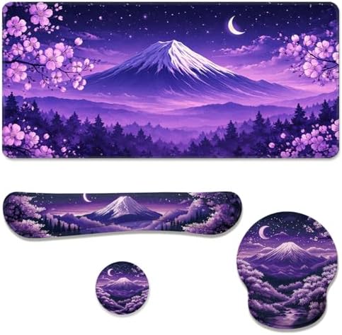 Cherry Blossoms Desk Mat Set Mount Fuji Purple Sky Mouse Pad with Wrist Rest 4in1 Desk Mat for Desktop Ergonomic Keyboard Wrist Support Anti-Slip Computer Ergonomic Mouse Pad Home Office Gaming by Unknown