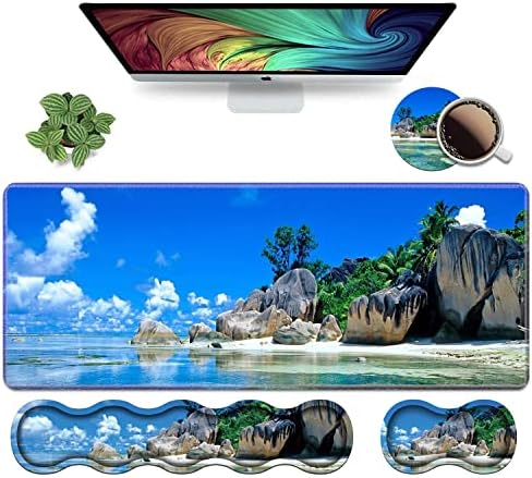 Ergonomic Keyboard Wrist Rest & Mouse Pad Wrist Rest Set, Large XXL Gaming Desk Mat 31.5"x 11.8",Non-Slip Base, Memory Foam,Easy Typing Pain Relief for Office & Home, Beaches Scene France Seychelles by Unknown