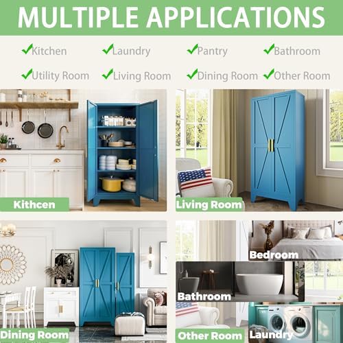 COFaR Home Farmhouse Storage Cabinet with Barn Door, Tall Kitchen Pantry Cupboard with Adjustable Shelves, for Dining Room, Bathroom, Living Room Blue. - Image 4
