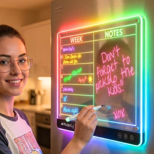 Magnetic LED Weekly Planner - Rechargeable Dry-Erase Whiteboard, 14x10 Acrylic Calendar with 7 LED Colors & 5 Light Modes for Fridge, Desk or Office by Modenly-FunctionalbyDesign