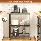 3 Tier Rolling Utility Kitchen Cart on Wheels, Heavy Duty Wire Rolling Cart with Wooden Top, Commercial Metal Serving Cart with Handle, Kitchen Island Food Storage Trolley for Laundry, Office, Garage - Image 5