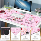 Cute Check Mouse Pad with Wrist Support 4 in1 Set, XXL Big Game Mousepad + Keyboard Wrist Rest + Mouse Wrist Rest Pad +Coaster Gaming Mat for Work Study Home Office I Pink Cherry & Bow Dream - Image 7
