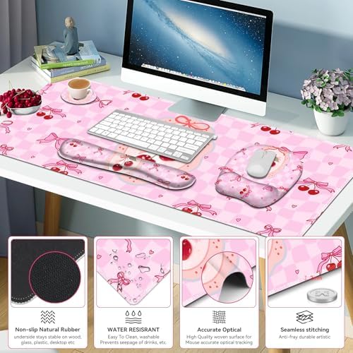Cute Check Mouse Pad with Wrist Support 4 in1 Set, XXL Big Game Mousepad + Keyboard Wrist Rest + Mouse Wrist Rest Pad +Coaster Gaming Mat for Work Study Home Office I Pink Cherry & Bow Dream - Image 7