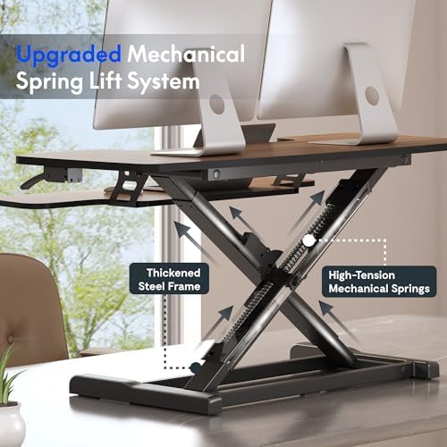 FLEXISPOT Standing Desk Converter 42" Premium Large Desk Riser for Triple Monitor, Spacious Desktop Sit Stand Workstation with Ergonomic Height Adjustment, Modern Stand Up Desk Riser, Walnut - Image 4