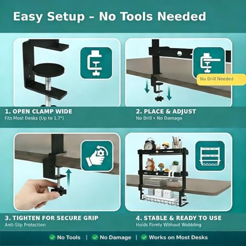 Clamp On Desk Shelves Organizer, Adjustable 2-Tier Desk Storage Rack with Large Trays, Phone Stand & Headphone Hook, No-Drill Setup for Office & Gaming Desks - Image 5