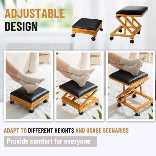CroBlissful 2 Pack Rolling Adjustable Foot Rest Foldable Under Desk Ottoman with Wheels Leather Foldaway Guitar Foot Stool for Home Office Living Room Bedroom - Image 4