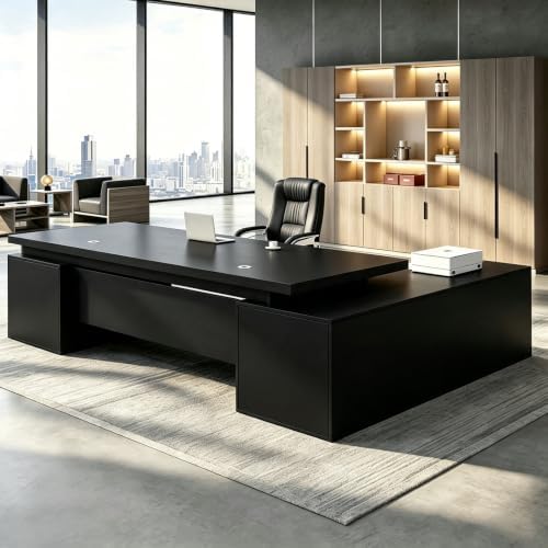 Executive Desk, L Shaped Executive Office Desk with Locking Drawer & File Cabinet, 1'' Thick Desktop, Large Office Desk with Storage, Modern Executive Computer Workstation for Home Office & Business by Unknown