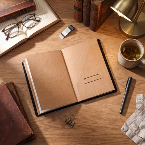 Traveling Refillable Leather Journal Notebook, Black, A5 Size - Image 4