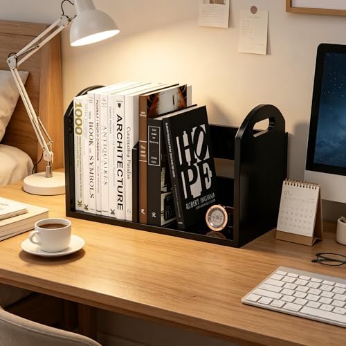 100% Solid Wood Adjustable Desktop Bookshelf, Retro Tabletop Book Shelf File Holder, Vertical Bookshelf Divider Desk Shelf for Home School Office Organization, Perfect for Books Magazine (Black) - Image 3