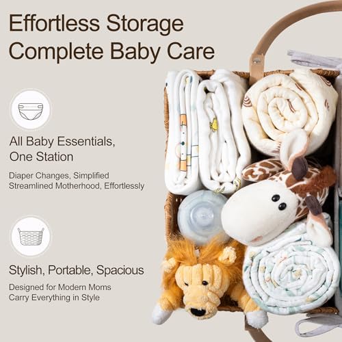 HBlife Baby Diaper Caddy Organizer, Portable Scalloped Plastic Wicker Woven Basket with Divider, Nursery Diaper Station, Baby Shower Gifts Basket, Car Organizer, Washable Waterproof - Image 4