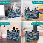 PU Leather Multi-Compartment Pen Holder Desktop Organizer Pencil Cup Storage Caddy for Office Home Supplies Blue Vintage Vector Pattern Blue Background - Image 4