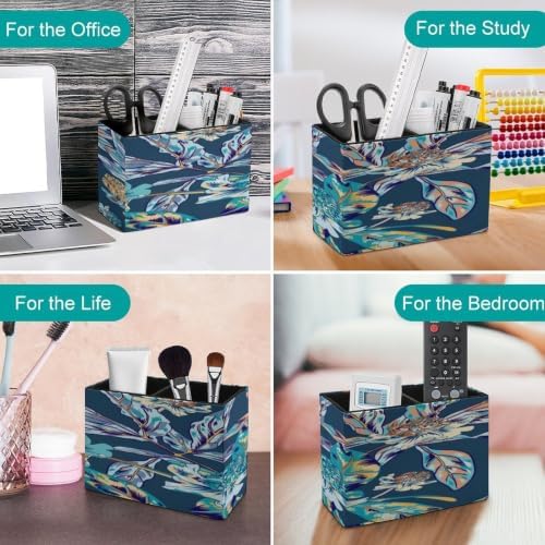 PU Leather Multi-Compartment Pen Holder Desktop Organizer Pencil Cup Storage Caddy for Office Home Supplies Blue Vintage Vector Pattern Blue Background - Image 4