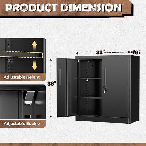 INTERGREAT Steel Storage Cabinet with Lock, Lockable Metal Storage Cabinets with 2 Adjustable Shelves, Black Counter Height Garage Cabinet - Image 3