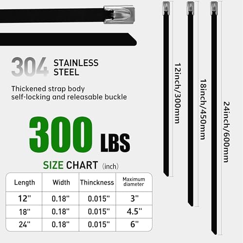 Metal Zip Ties 200 Pack 18 Inch, 304 Stainless Steel 300LBS Heavy Duty Zip Ties Black - Self-Locking Cable Ties for Exhaust Wrap，Chain Link Fence Parts, Outdoor Farms,Pipes - Image 2