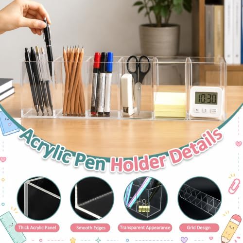 Mototo 2PCS Acrylic Pen Holder Back to School 6 Compartments Pen Organizer - Image 3