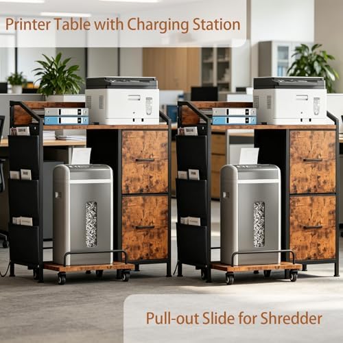 Printer Stand with Fabric Drawers, Lateral Office Filing Cabinets with Power outlets & USB Charging Port, File Cabinet with Large Printer Stands for Home Office, Shredder Stand (Rustic Brown) - Image 5