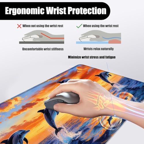 Mouse Pad,Large Desk Mat Set, 4in1 XL Mousepad + Keyboard Wrist Rest+Mouse Wrist Rest+Coaster with Ergonomic Desk Pad for Home Office Table Computer Cover -Dolphin Jumping Ocean Sunset Beach - Image 5