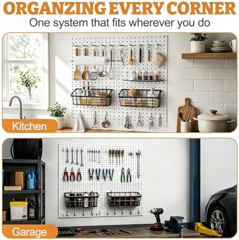 24PCS Pegboard Accessories Organizer Kit, Dual-Lock Pegboard Hooks with Locking Pins, 2 Wire Storage Baskets, Paper Towel Holder, 6-Hook Rack, Heavy Duty Steel Pegboard Storage Organizer, Black - Image 4