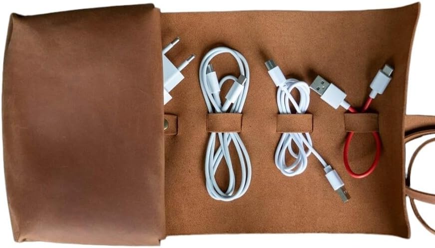 Leather Cord Organizer Roll – Genuine Leather Cable Organizer for Chargers, Earbuds & Tech Accessories, Handmade Travel Cord Storage Case, Portable Leather Tech Roll, Warm Brown by Unknown