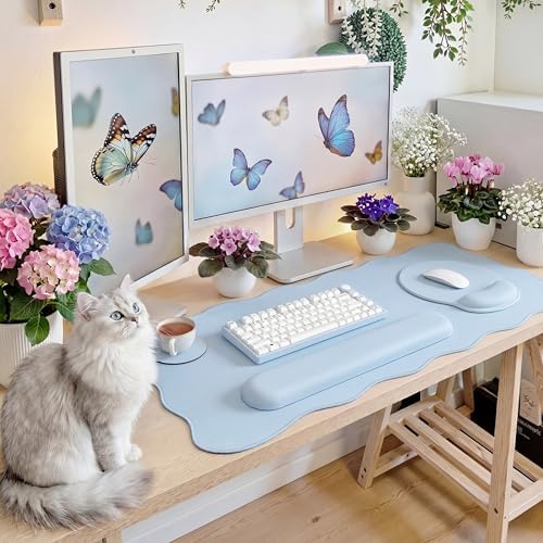 Sabary Scalloped Desk Mat Keyboard Mouse Pad Set Blue 31.5 x 15.7 Inch - Image 6