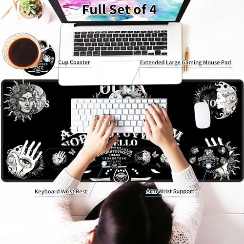 Large Gaming Mouse Pad Set 35.4 x 15.7 with Keyboard Wrist Rest, Wrist Support, and Coaster Memory Foam Smooth Desk Pad Mousepad for Home Office School - Ouija Board - Image 3
