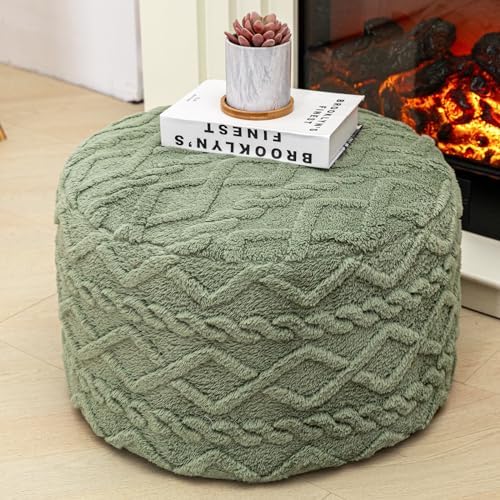 Round Pouf Ottoman, Single-Block Foam Core Foot Rest,Sage Green, 20x12In by Poofieotto
