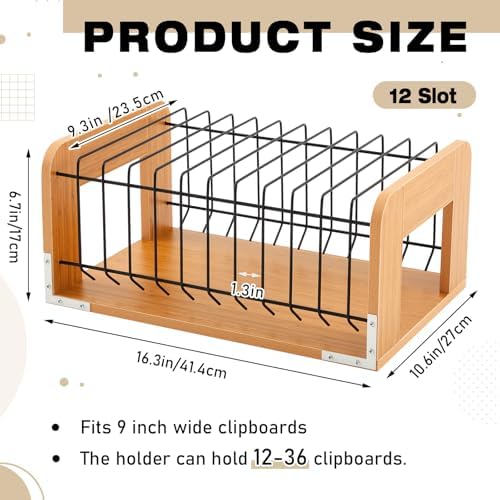 1 Pcs Vertical Clipboard Holder, 12Slot Clipboard Storage Rack, Bamboo Wood - Image 2