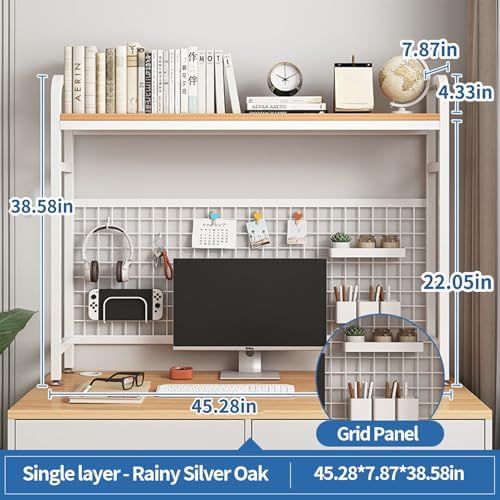 Desk Shelf Bookcase 1-Tier Metal Desktop Bookshelf Hutch with Grid Panel and DIY design possible Multipurpose Storage Organizer Display Rack for Dorm Office Home Computer Desk(White 45.3"×7.9"×38.6") - Image 3