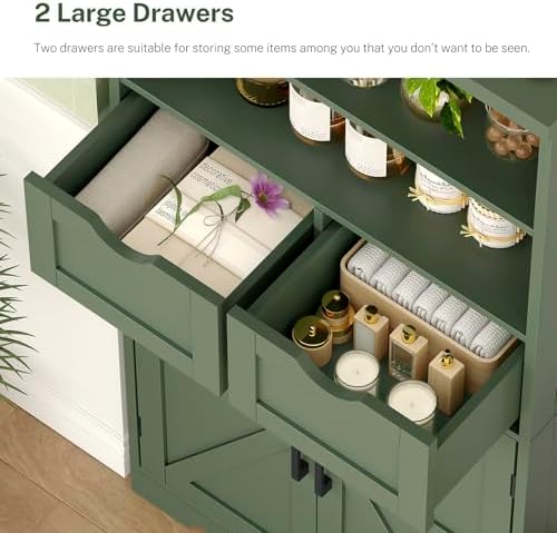 TEENFON Bathroom Cabinet with Adjustable Shelf & 2 Drawers, Farmhouse Storage Cabinet with 2 Doors, Kitchen Storage Cabinets for Living Room, Entryway, Home Office, Forest Green - Image 6
